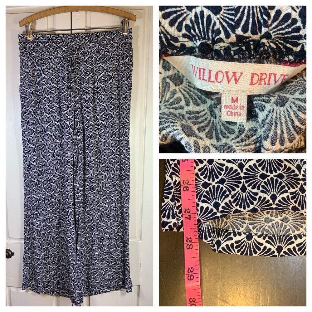 Willow Drive Boho Wide Leg Flowy Pants Medium Elastic Waist Stretch Blue Church